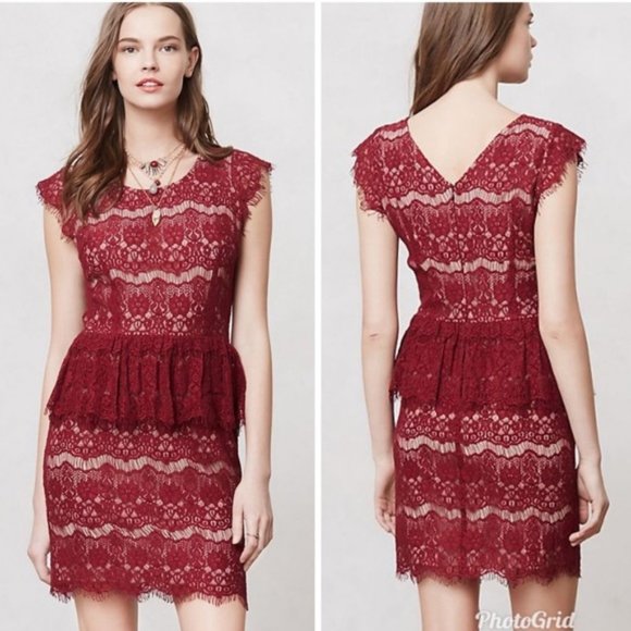 Anthropologie Maeve Elsa Peplum Red Lace Dress Large - Picture 1 of 16